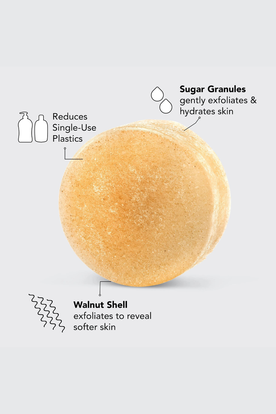 sugar scrub bar with ingredients and benefits listed out in text 