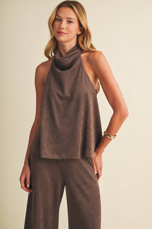 Mocha Suede Cowl Neck Top