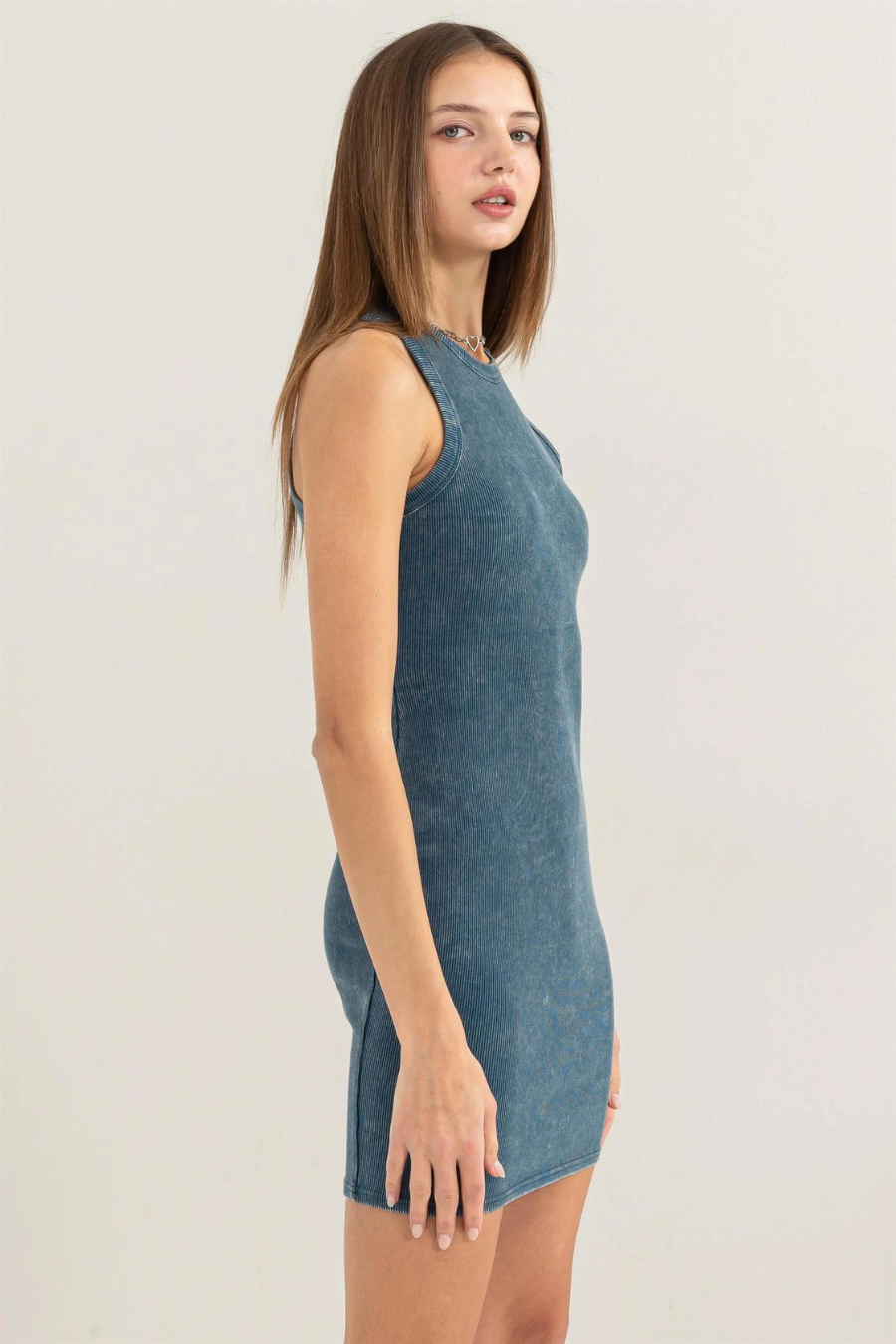 side view of the lex acid washed ribbed dress in the color teal 