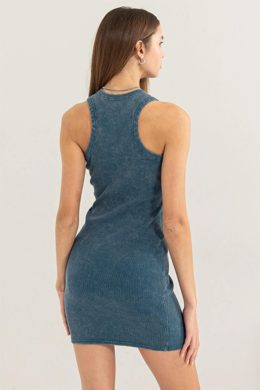 back view of the lex acid washed ribbed dress in the color teal 