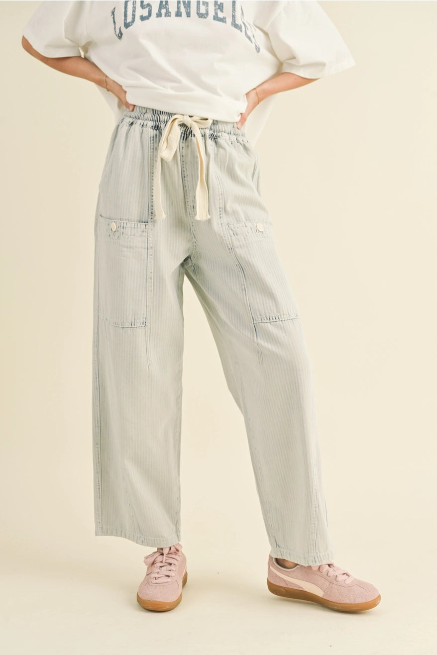 Stripe and Washed Effect Barrel Shape Pants