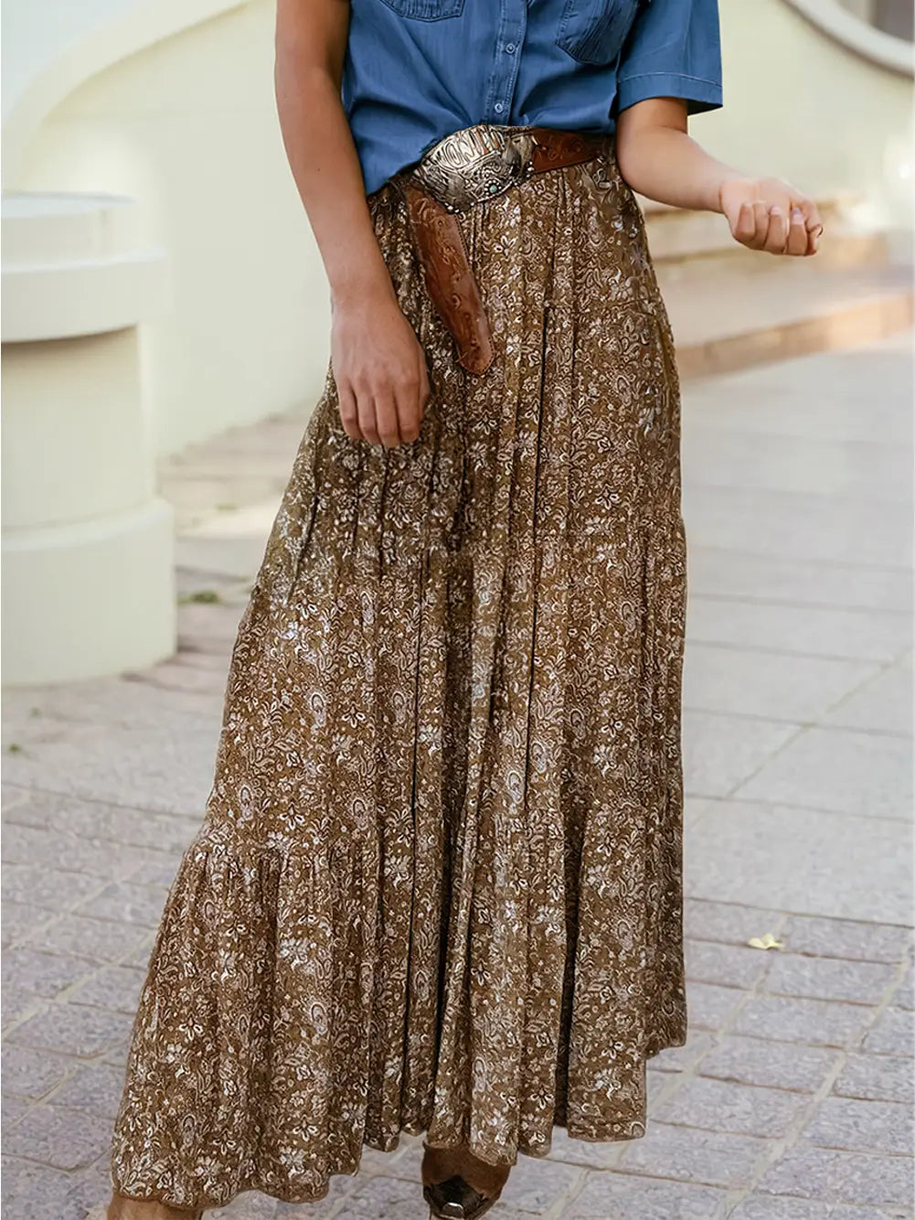Western Floral Print Ruffled Hem High Waist Loose Maxi Skirt