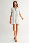 Button-Front Mini Dress with Puff Sleeves