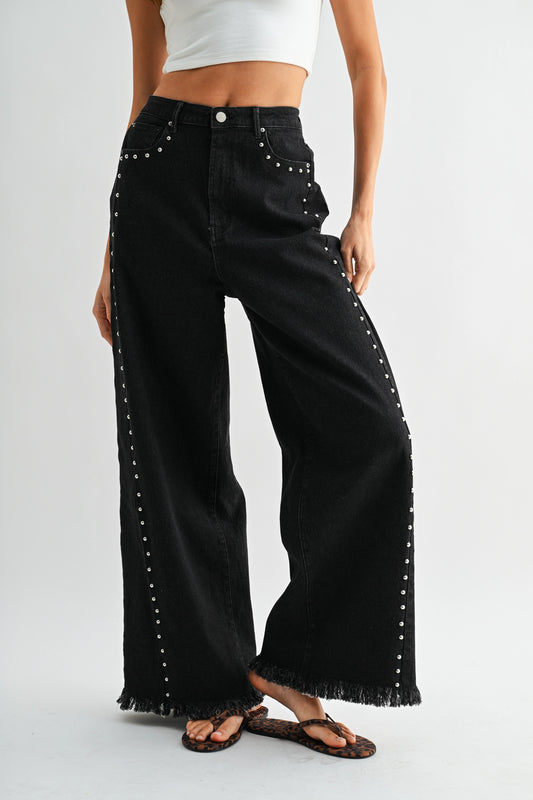 High-Waisted Black Wide-Leg Denim Stud Pants