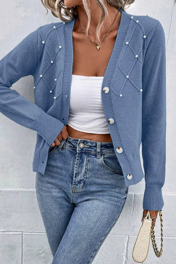 Textured Knit Pearl Beaded Button Up Cardigan