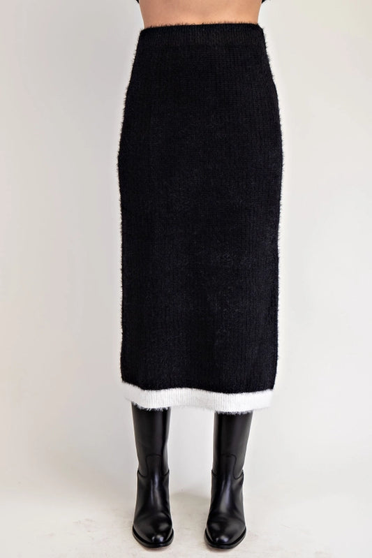 Fuzzy Sweater Midi Skirt with Contrast Edge Detail