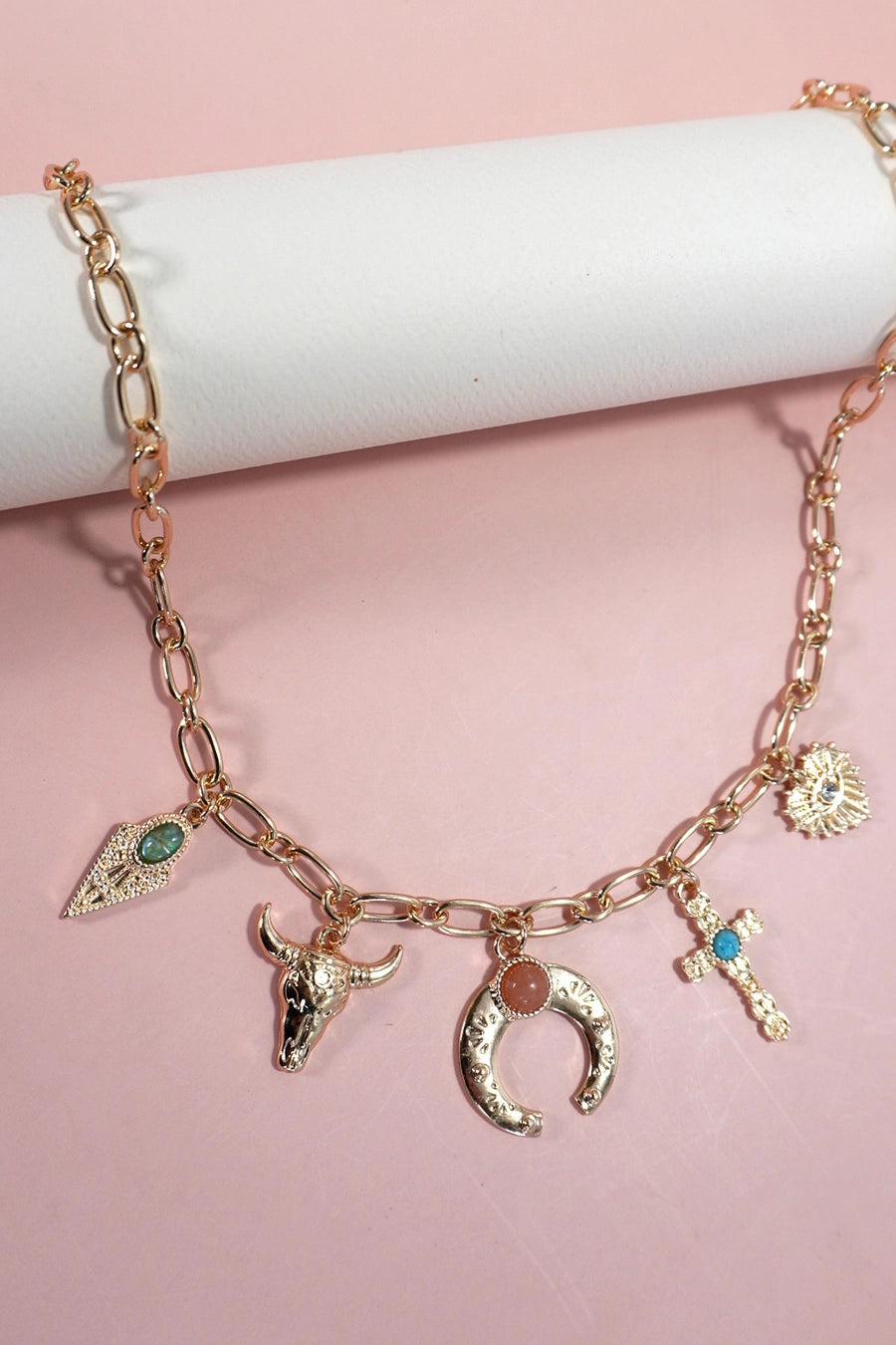 Charm Necklace-Western Horn Cross Bull Head