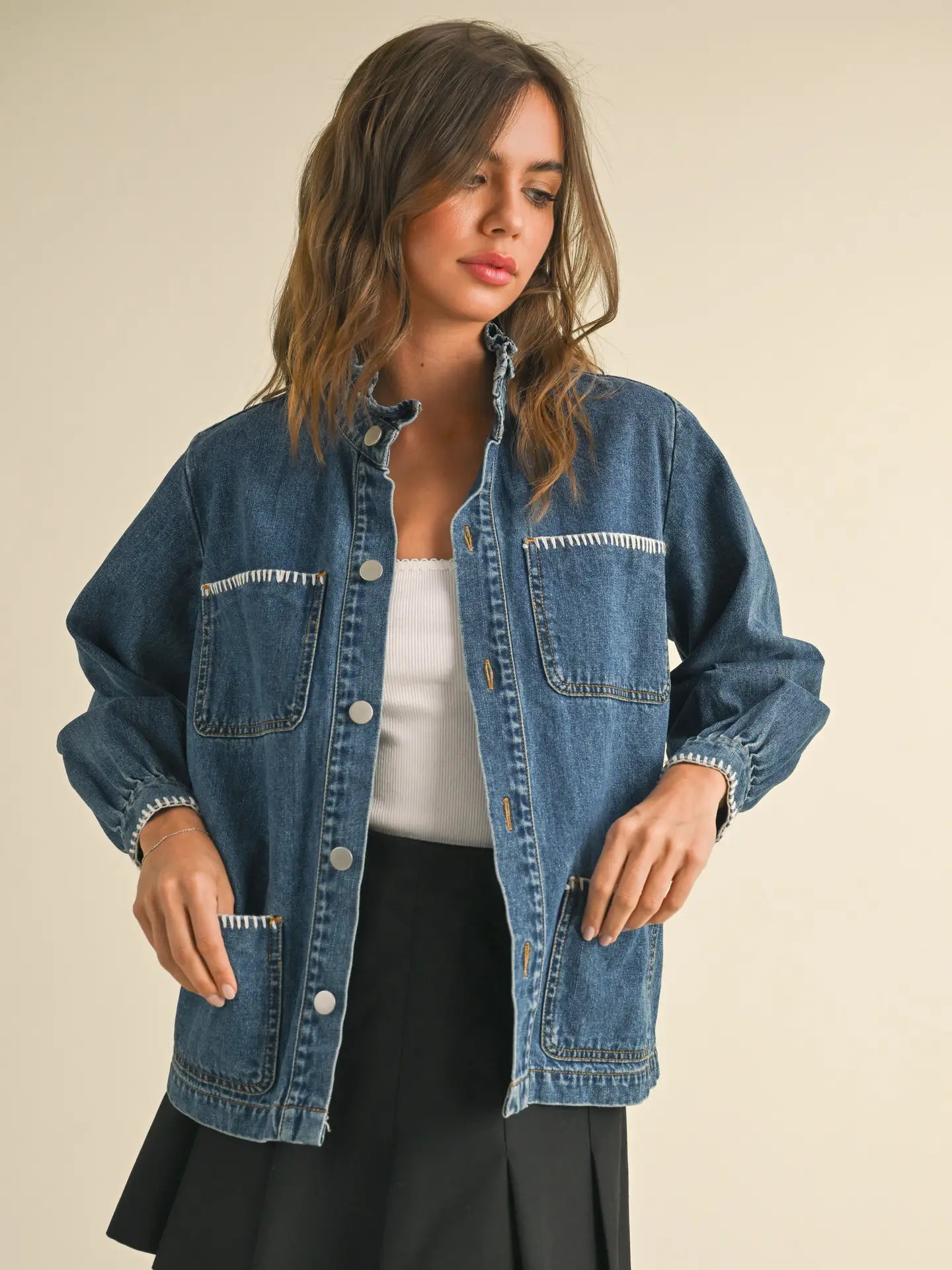 Stitch Detail Ruffled Denim Jacket