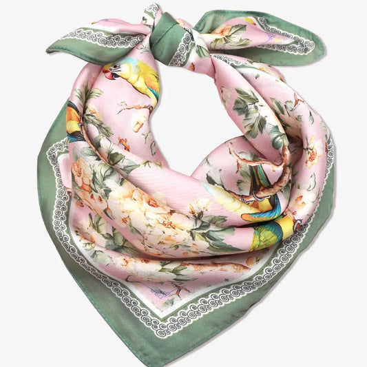 Floral Bird Print Silky Feel Bandana Scarf