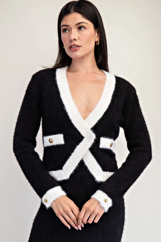 Fuzzy Sweater Cardigan with Contrast Edge Detail