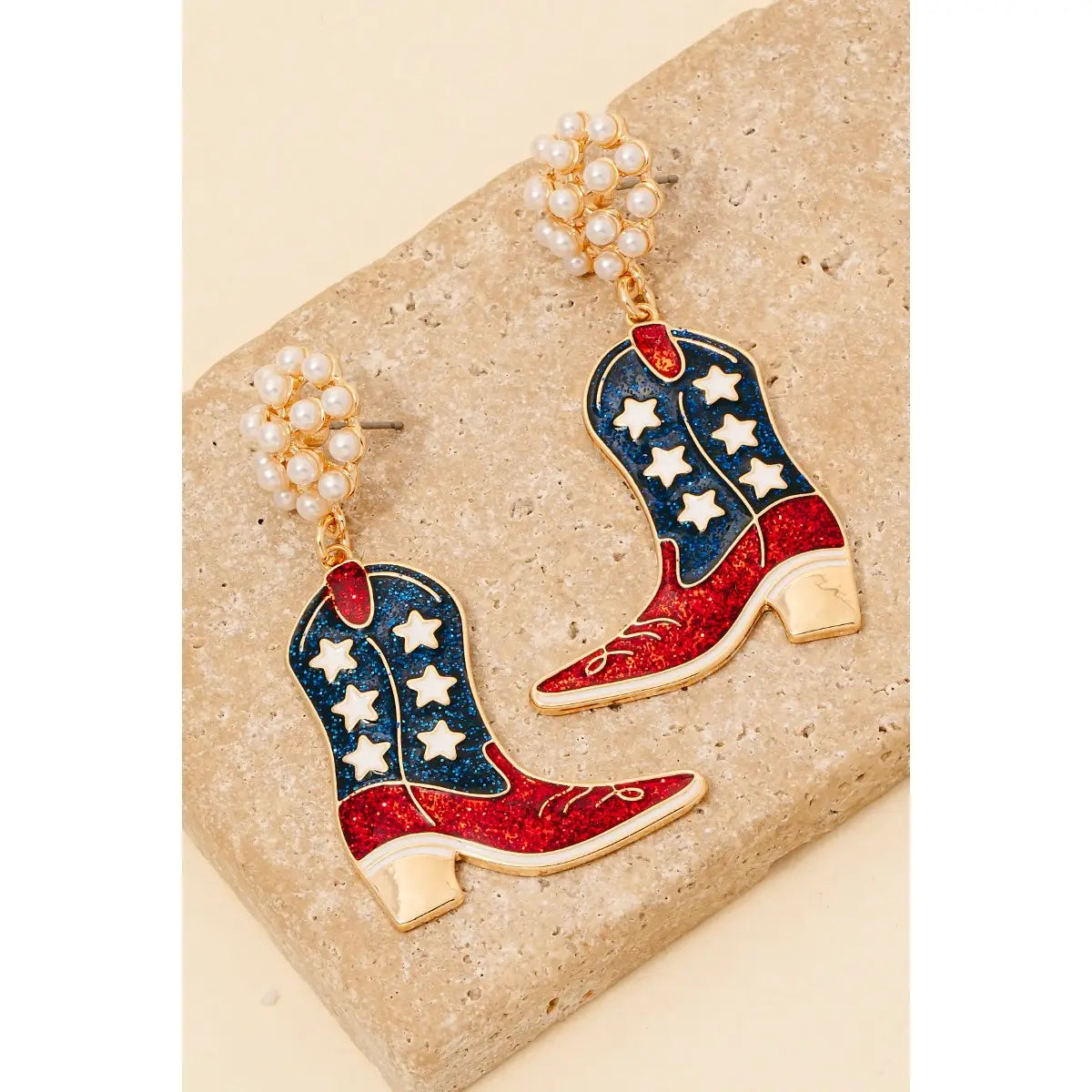 4Th of July Usa Themed Western Cowboy Boots Dangle Earrings