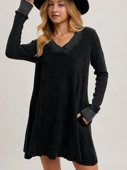 V-Neck Waffle Knit Mini Dress