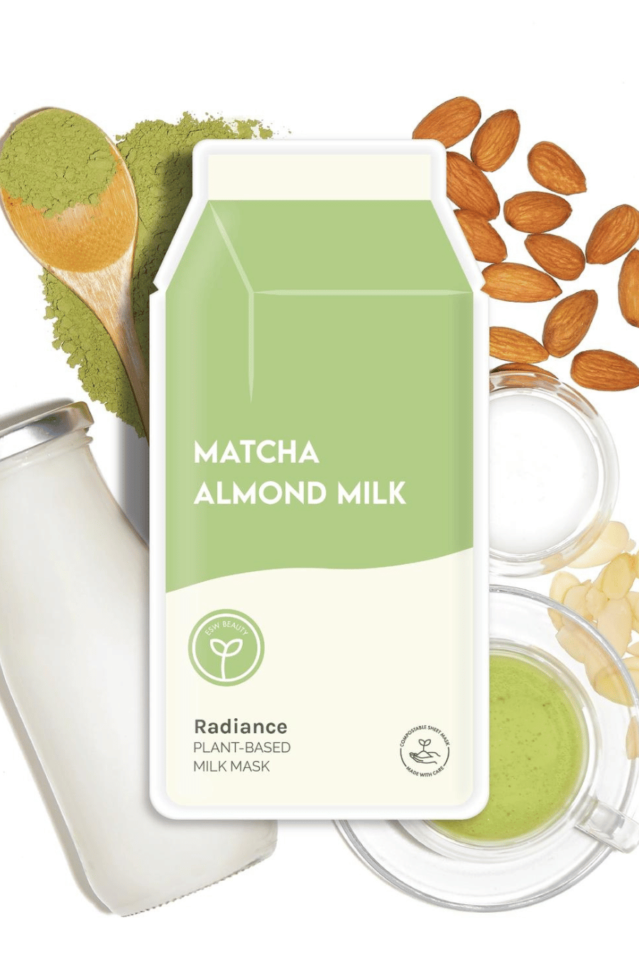 matcha almond milk face mask, almonds, matcha powder, almond milk