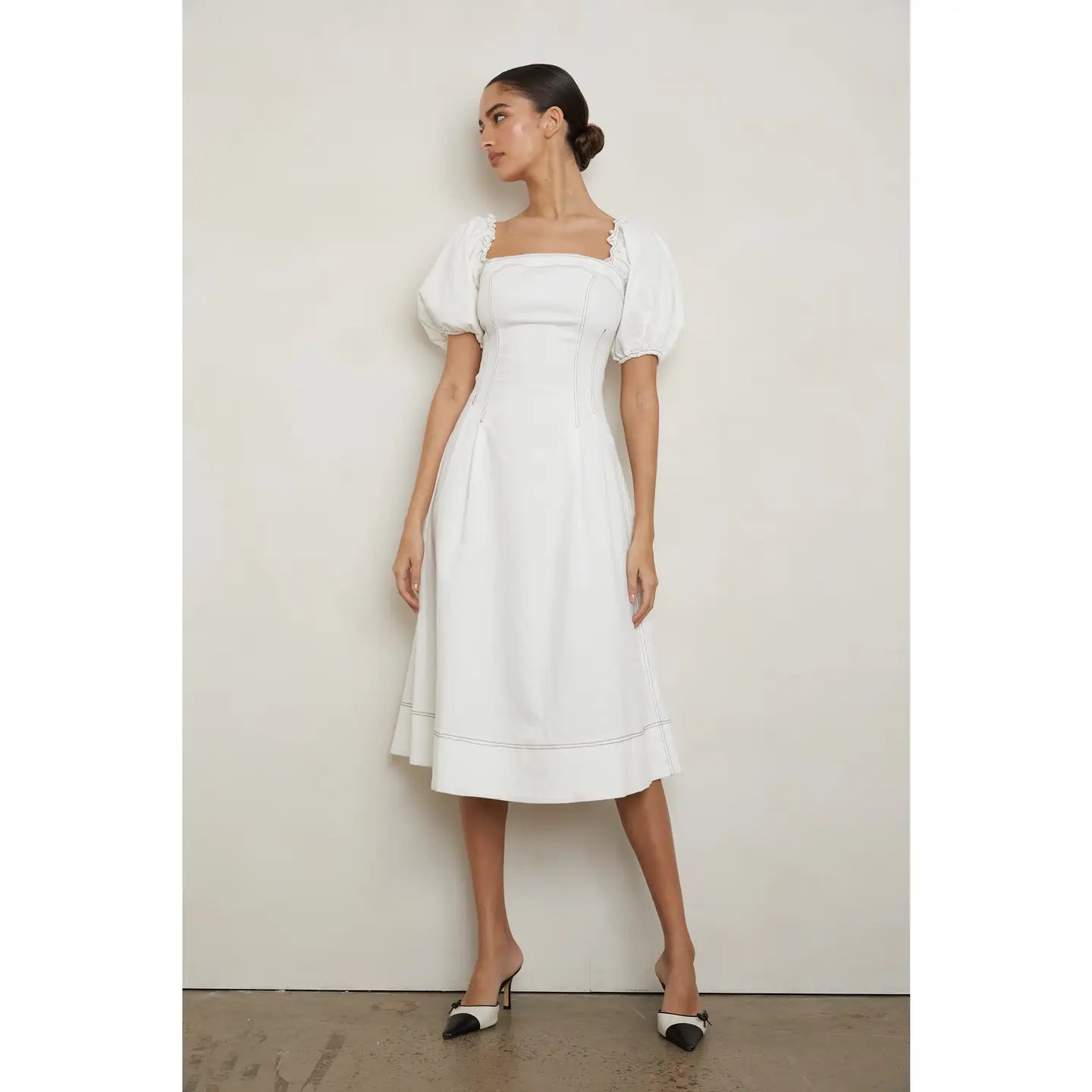 Balloon Sleeve Square Neck Midi Dress