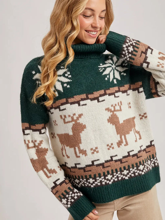 Fair Isle Turtle Neck Reindeer Knit Sweater For Holiday