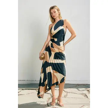 First Class Asymmetrical Pleated Maxi Dress