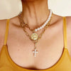 Multi Layer Mix Pearl Cross Coin Charm Necklace