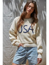 Knit Sweater Pullover Top with Embroidered "USA"