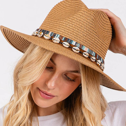 Straw Sun Hat with Sell and Multi Colored Band