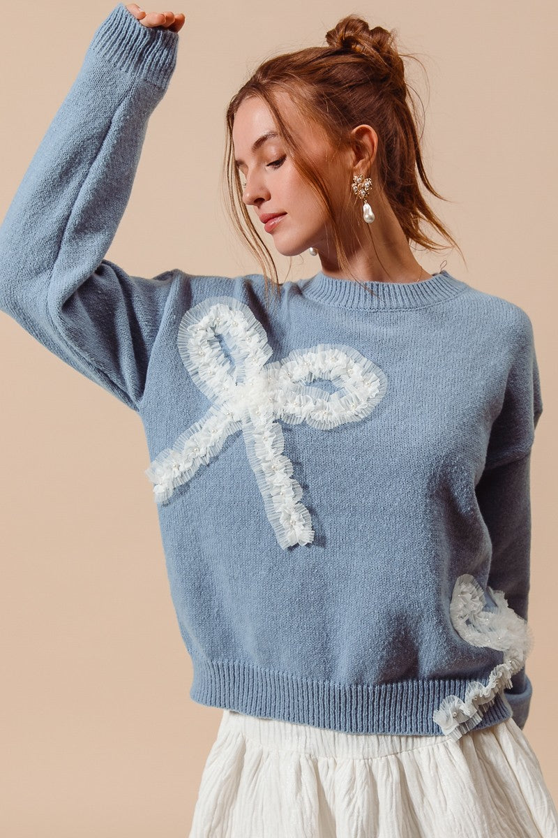 Big Ribbon Ruffled Trimmed Sweater Top