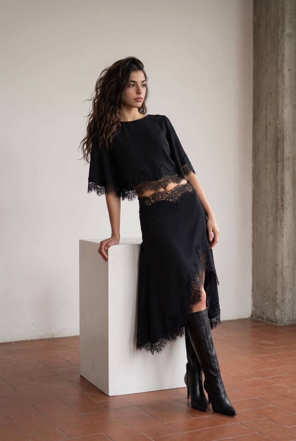 Lace Hem Twill Satin Lace Skirt