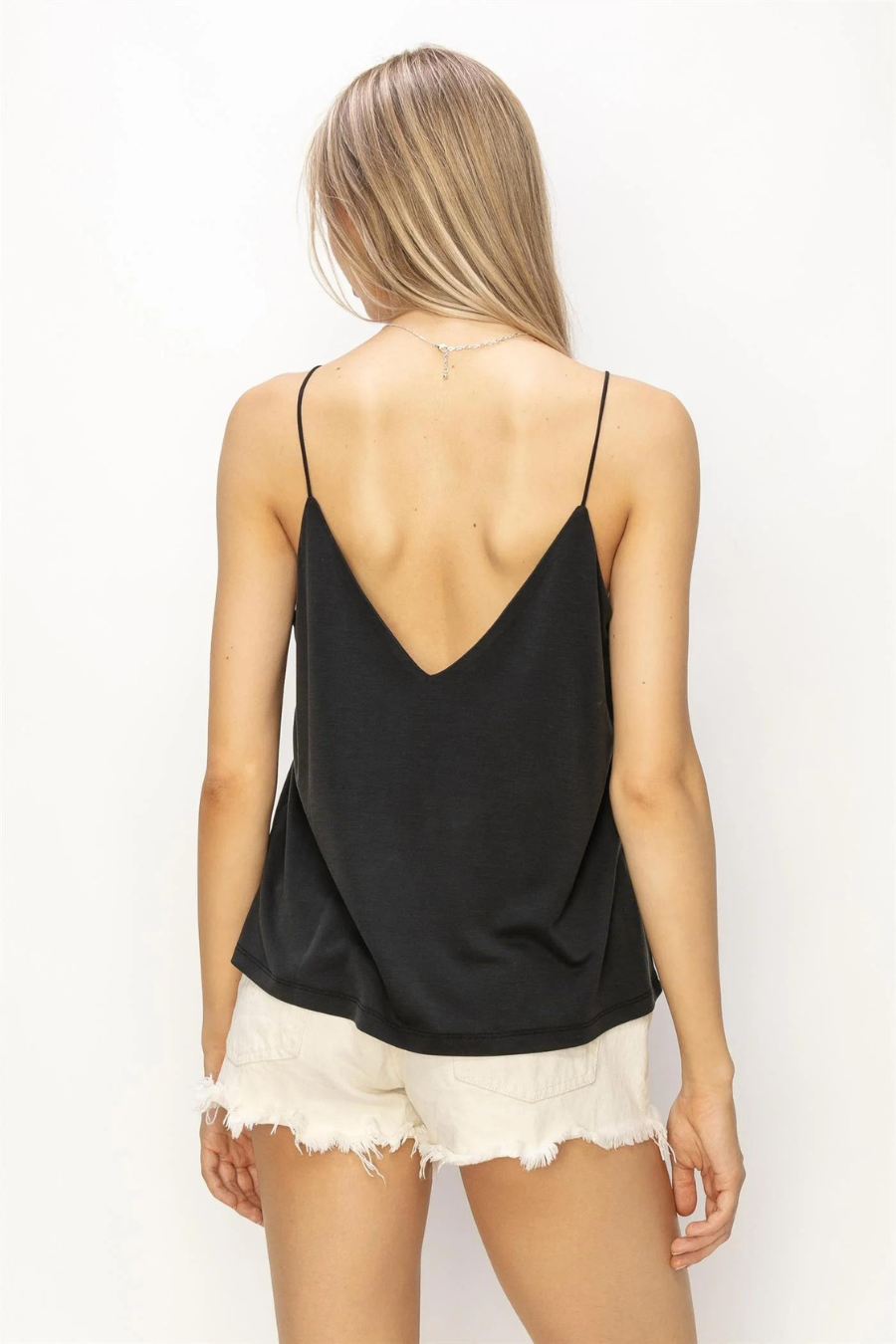 close up back view of the Romee v neck cami in the color black 
