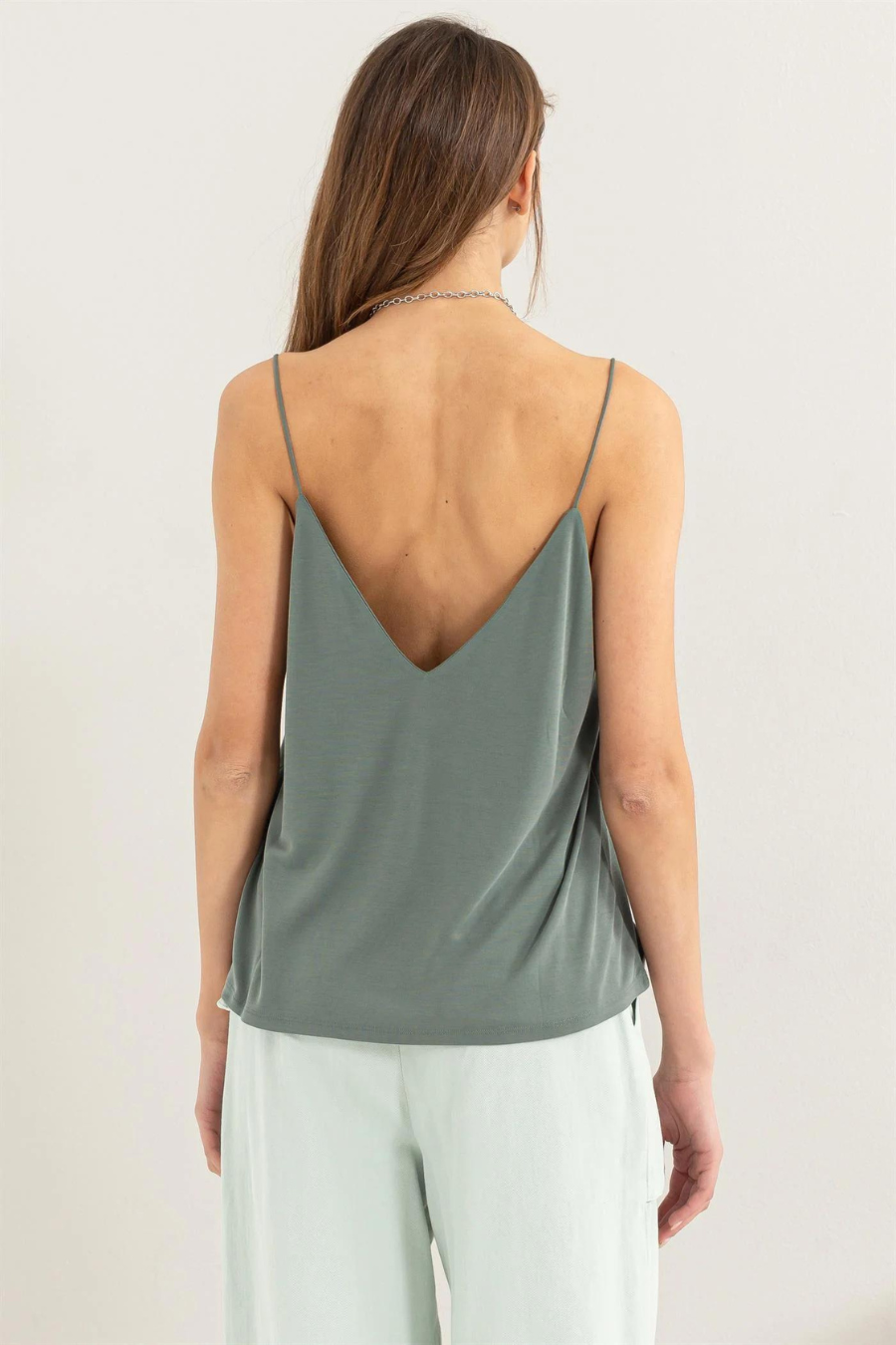 back view of Romee v neck cami in the color forest 