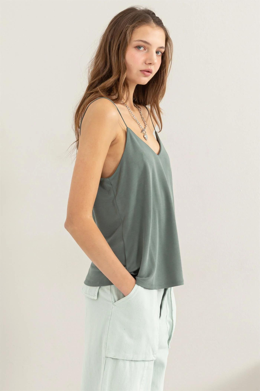 side front view of Romee v neck cami in the color forest