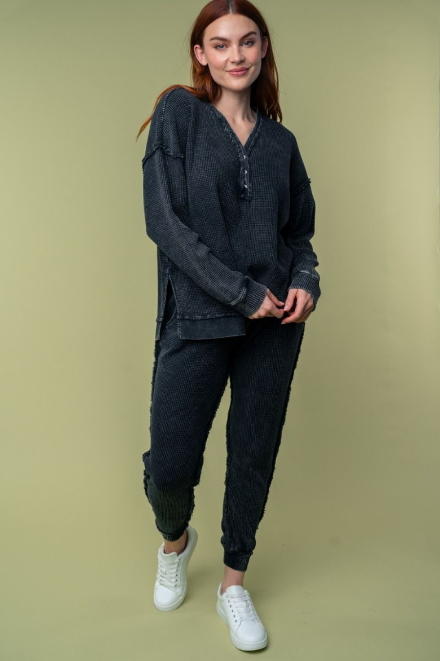front full length view of hanny high waisted thermal knit joggers in black with matching top sold separately