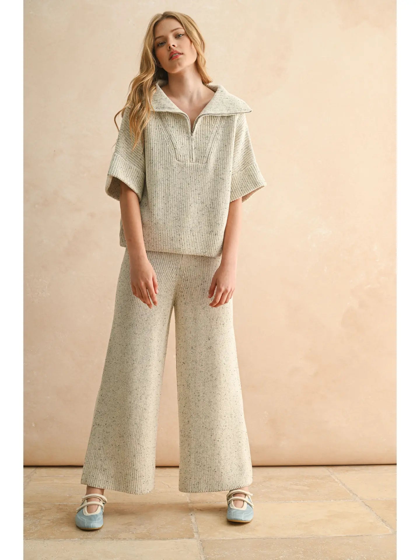 Half Zip Short Sleeve Knitted Top