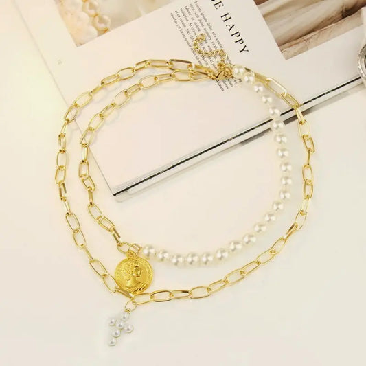 Multi Layer Mix Pearl Cross Coin Charm Necklace