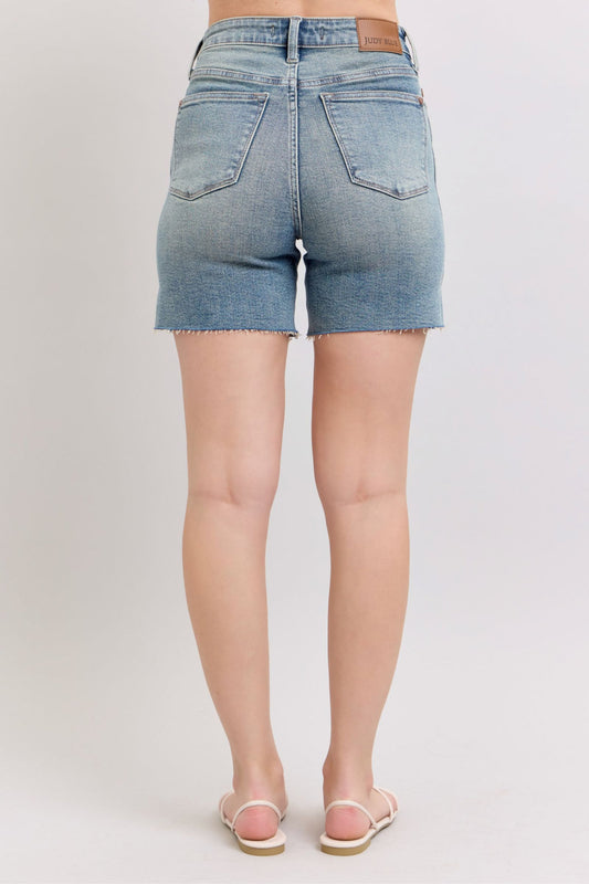 Vintage Wash Stretchy Hem Slit Denim Shorts
