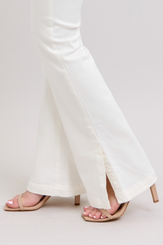 High Waist White Side Slit Slim Bootcut Jeans