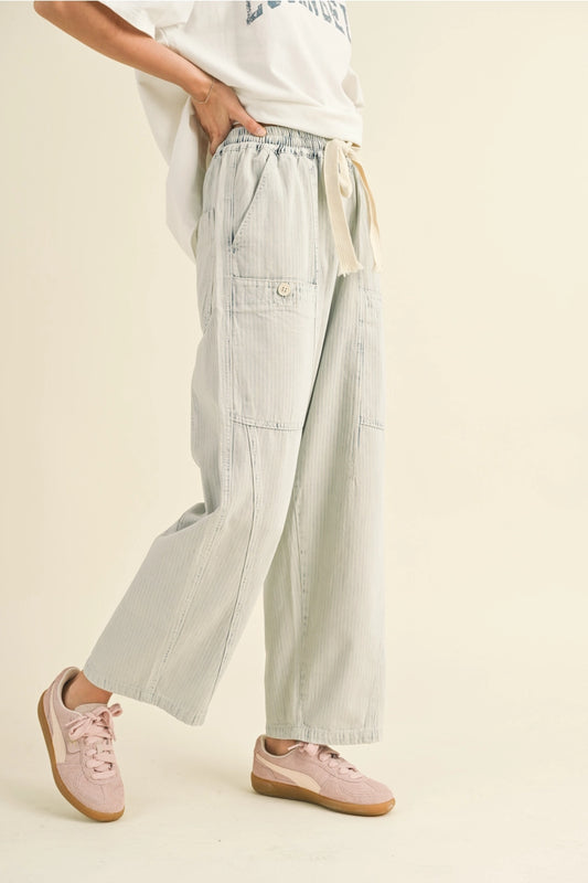 Stripe and Washed Effect Barrel Shape Pants