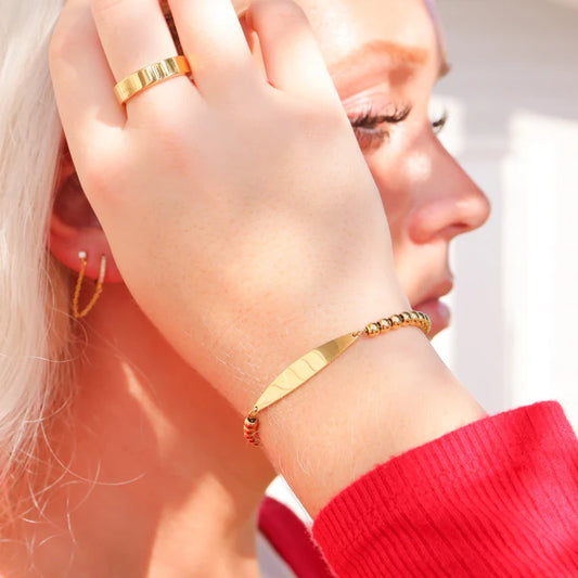 18K Gold Stainless Steel Adjustable Beaded Curved Engravable Bar Bracelet