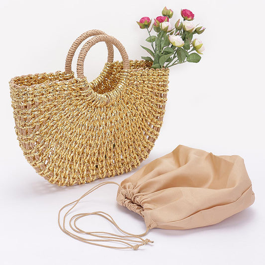 Metallic Faux Straw Tote Bag w/ Pouch