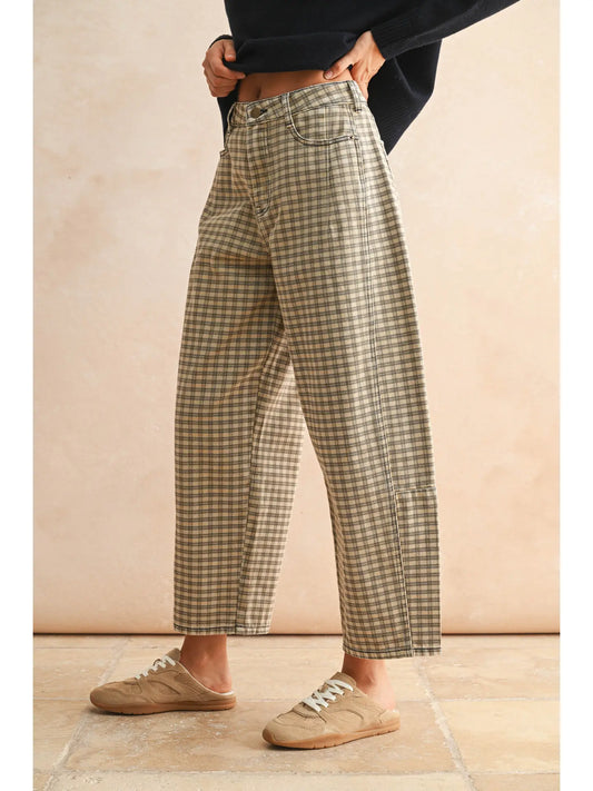 Mini Checker Pattern Barrel Pants