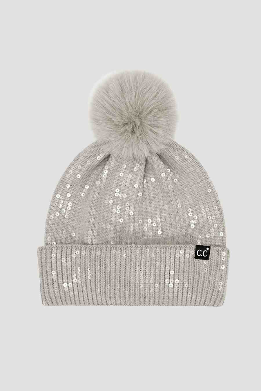 Clear Sequined Cuff Beanie with Pom Pom