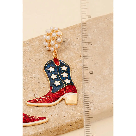 4Th of July Usa Themed Western Cowboy Boots Dangle Earrings