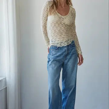Knit Nylon Spandex Floral Lace V-Neck Long Sleeve