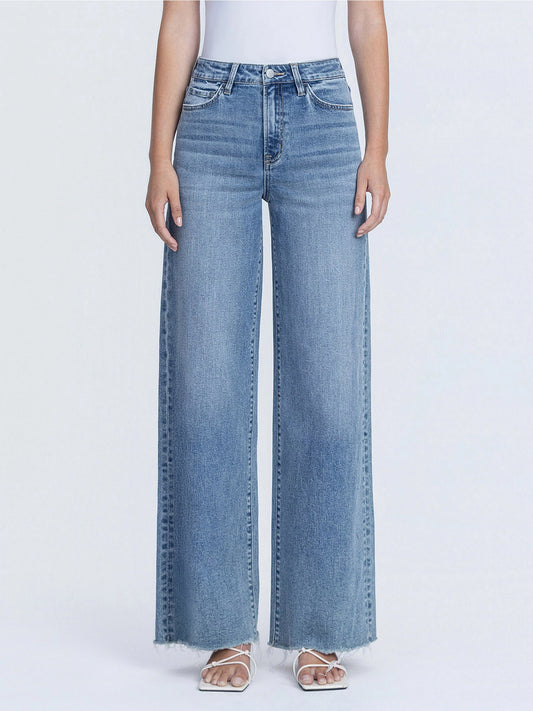 Super High Rise Medium Wash Raw Hem Wide Leg Jeans