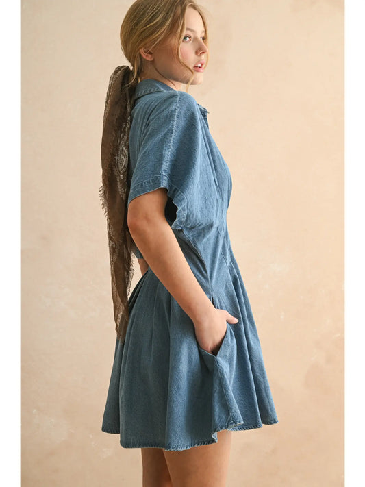 Chambray Denim Button Front w/ Pleat Detail