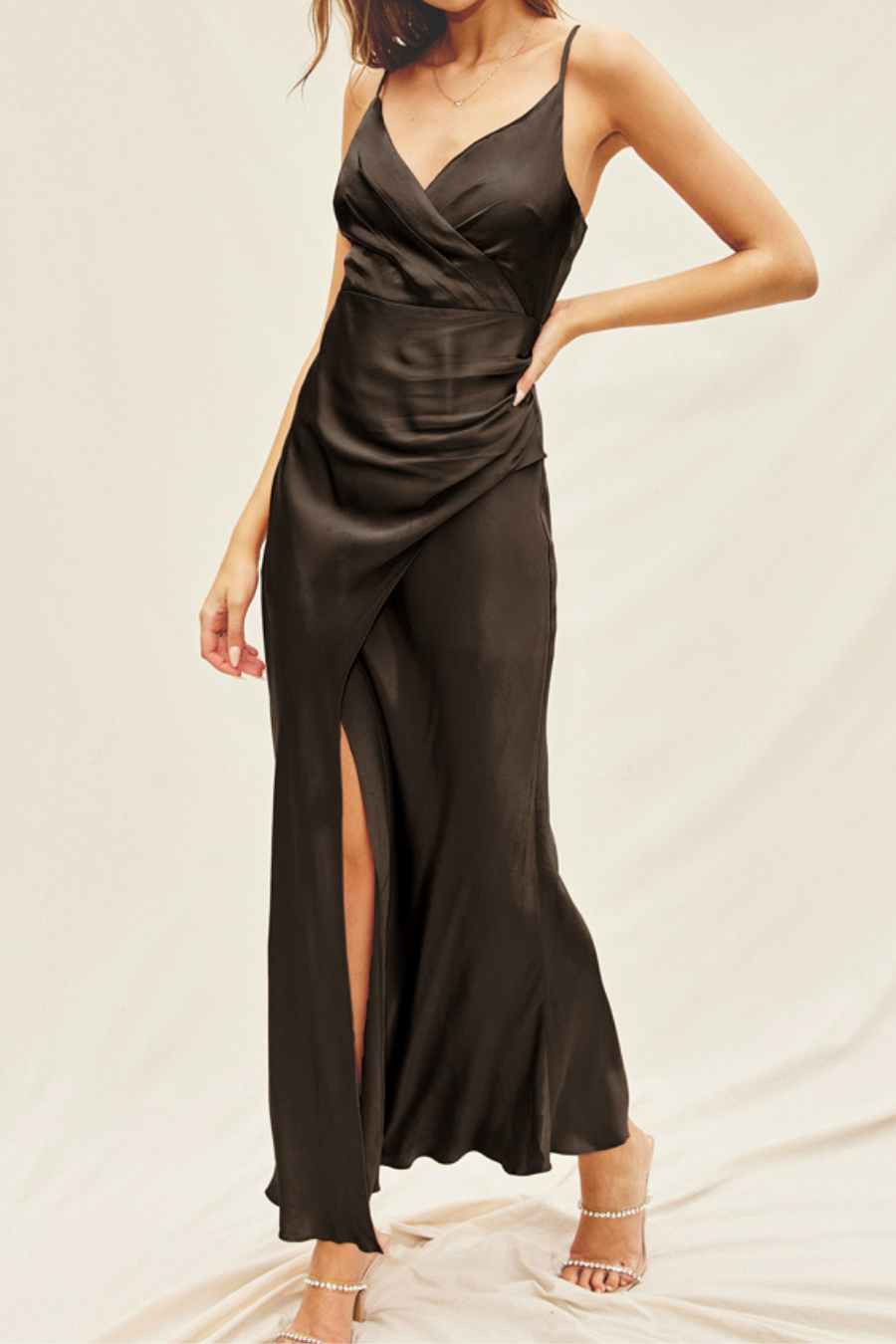 Satin Surplice Ruched Maxi Dress