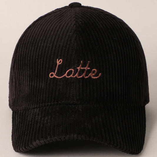 Latte Text Embroidery Corduroy Baseball Cap