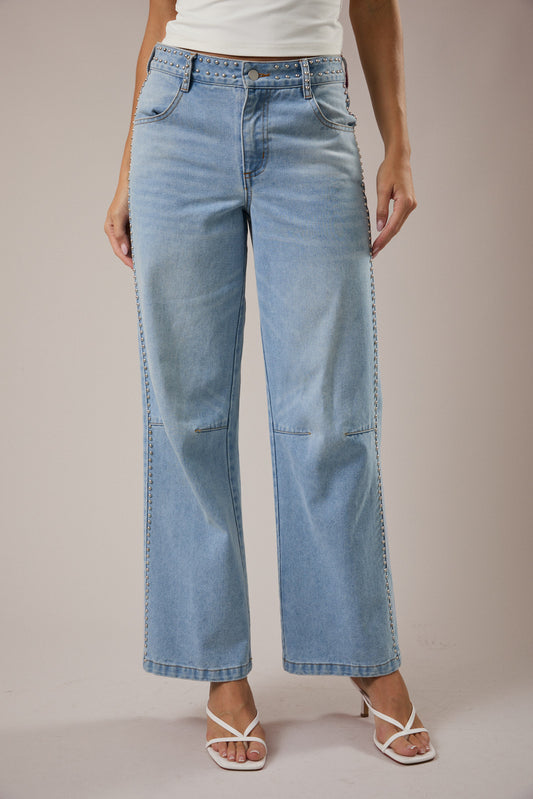 Mid-Rise Denim Pants with Stud Detail