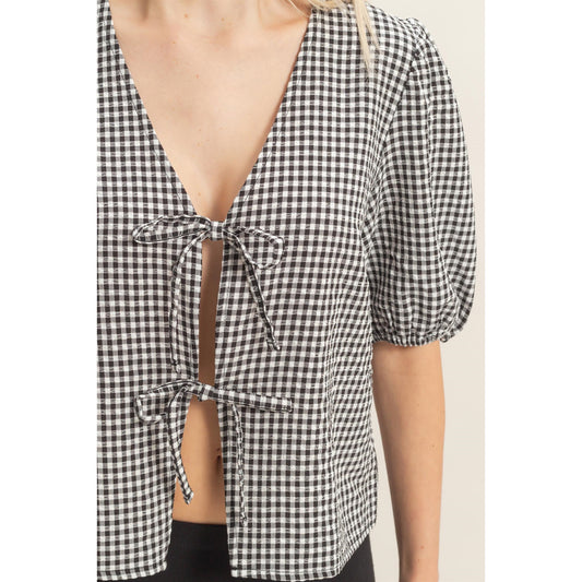 Gingham Bow Tie Puff Sleeve Blouse