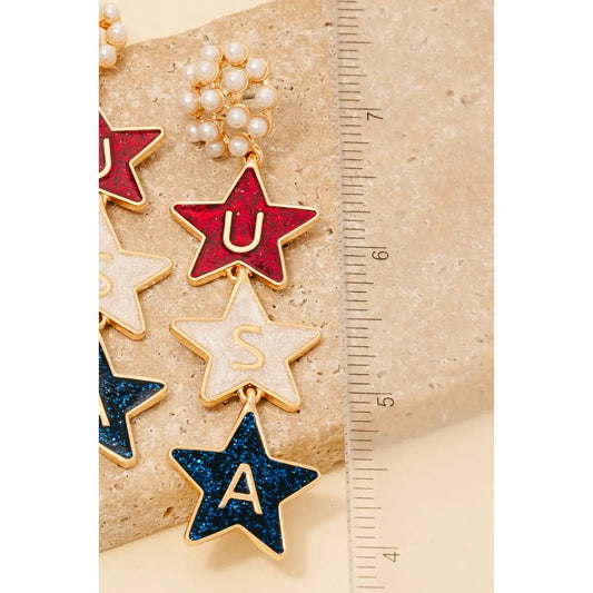 4Th of July Usa Stars and Pearls Dangle Earrings