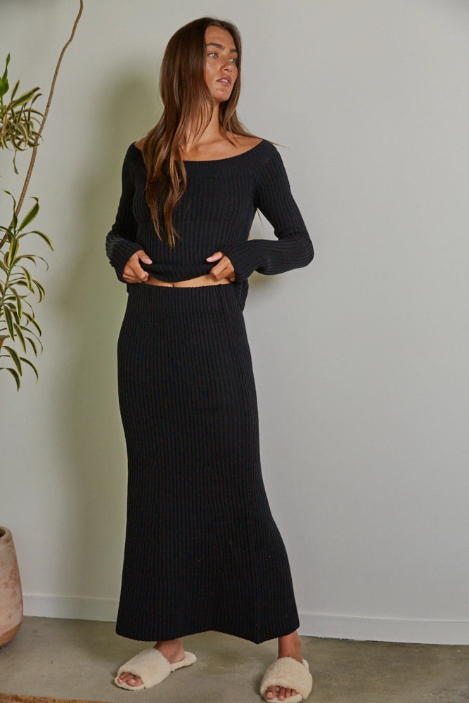 Knit Ribbed Sweater Waist Flare Midi Skirt