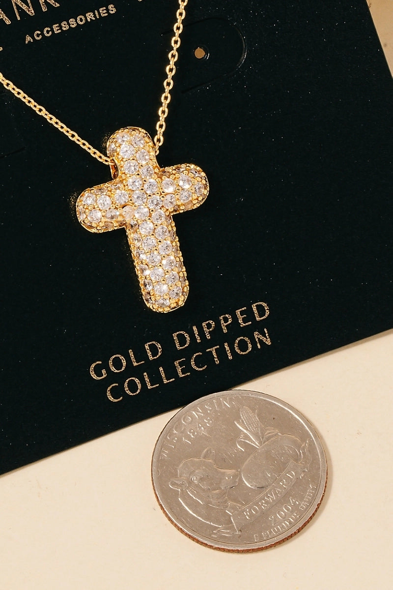 Gold Dipped Cz Pave Bubble Cross Pendant Necklace