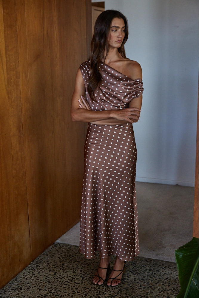 Woven Polyester Satin Polka Dot Cowl Neck Maxi Dress